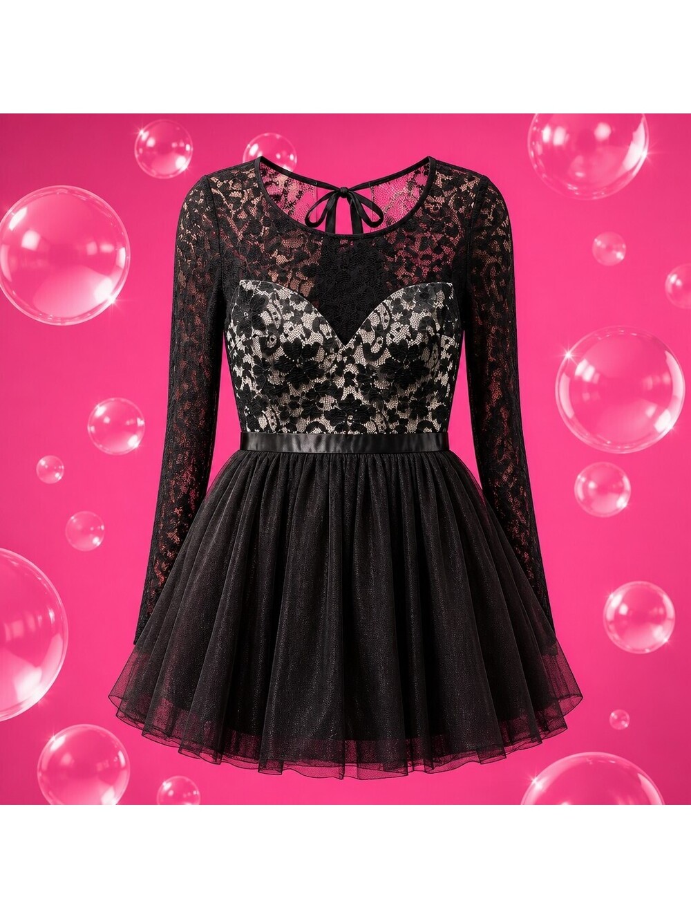 Goth Whimsigoth Fairycore Coquette Black Lace Tulle Mini Skater Dress 7 4080